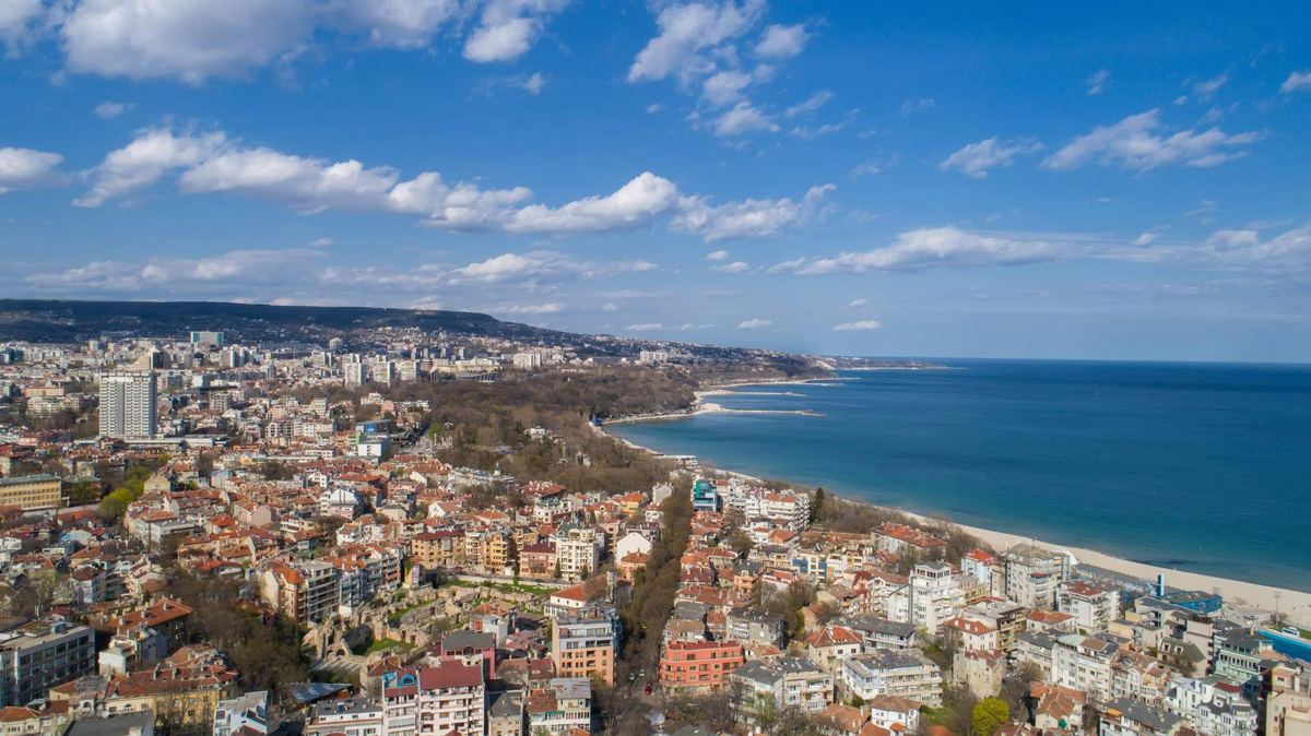Aerial view of the city, the coast and the sea