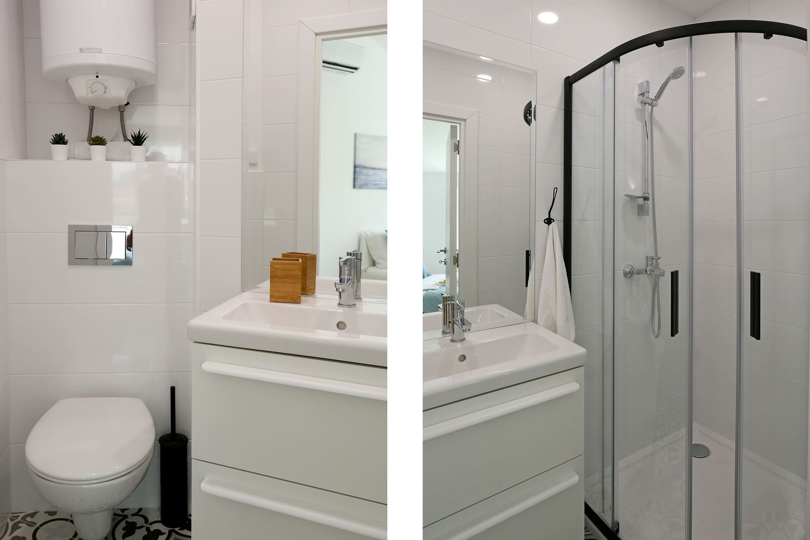 Bathroom with wall-hung toilet, washbasin and corner shower