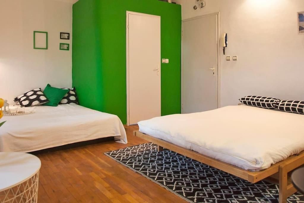 Studio with two beds, a green wall and a wooden floor